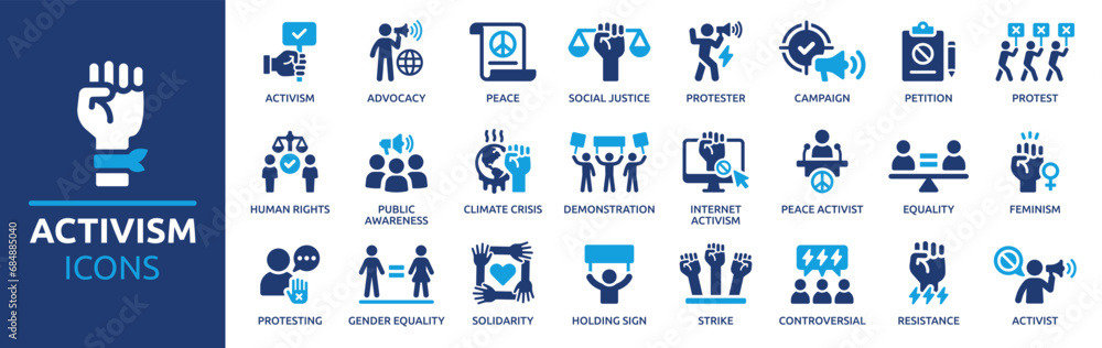 Activism icon set. Containing protest, activist, demonstration, strike, advocacy, petition, human rights. Solid vector icons collection. - obrazy, fototapety, plakaty 