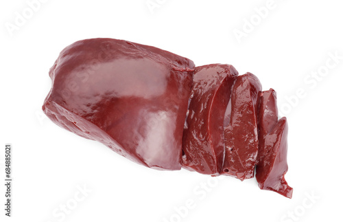 Cut raw beef liver isolated on white, top view