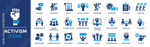 Activism icon set. Containing protest, activist, demonstration, strike, advocacy, petition, human rights. Solid vector icons collection. photo