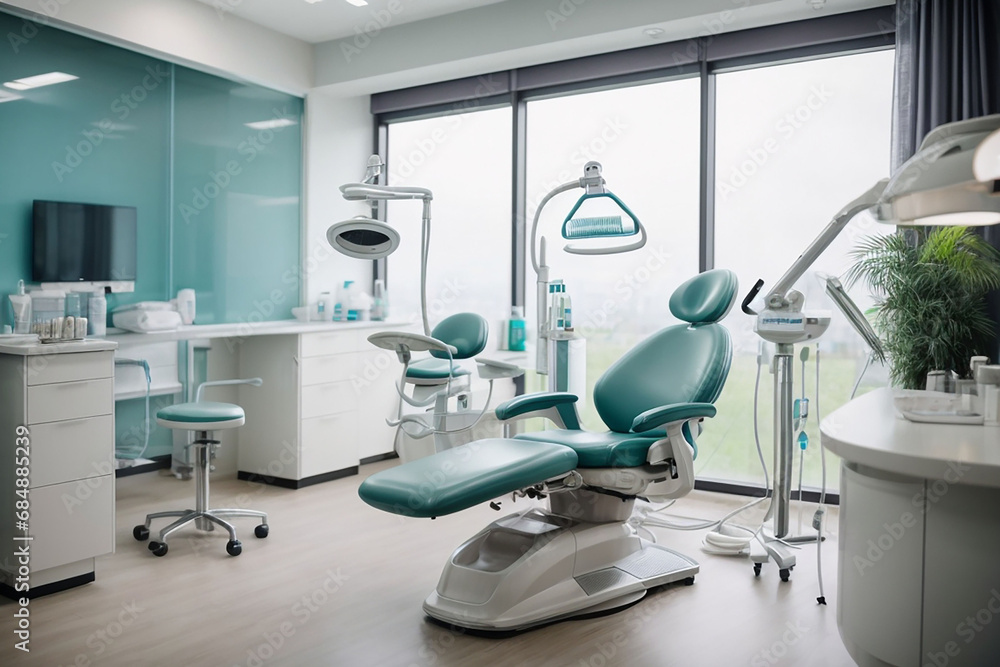 Dental chair in a hospital, Modern Dental Clinic, Dentist chair and other accessories used by dentists in medical light and clean art Dental chair in a hospital, Modern Dental Clinic, Dentist chair and other accessories used by dentists in medical light and clean art