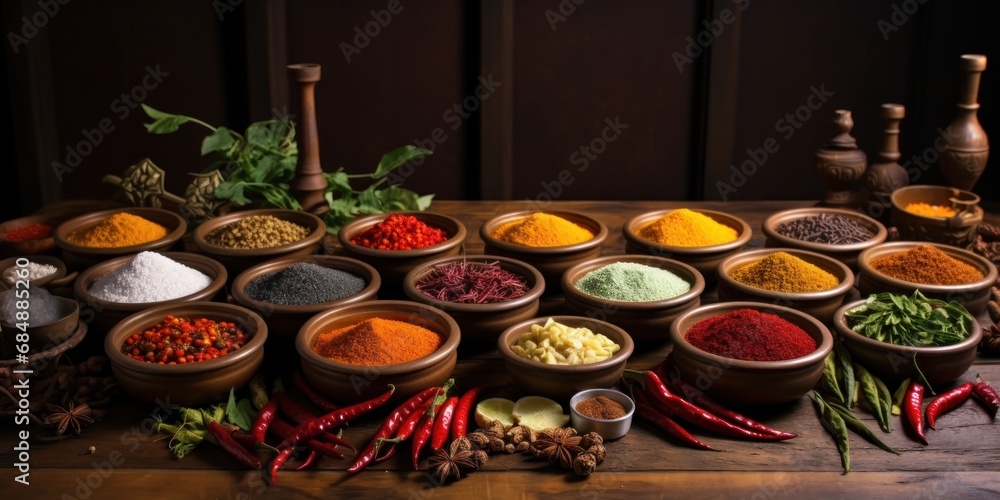 a wide range of spice in bowls on wooden table, generative AI