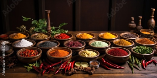 a wide range of spice in bowls on wooden table  generative AI