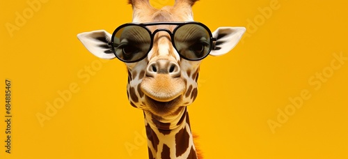 A silly giraffe wearing oversized sunglasses, sticking its tongue out on a solid yellow background.