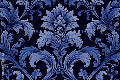 Royal Blue Elegance: Ornate Damask Pattern Digital Image