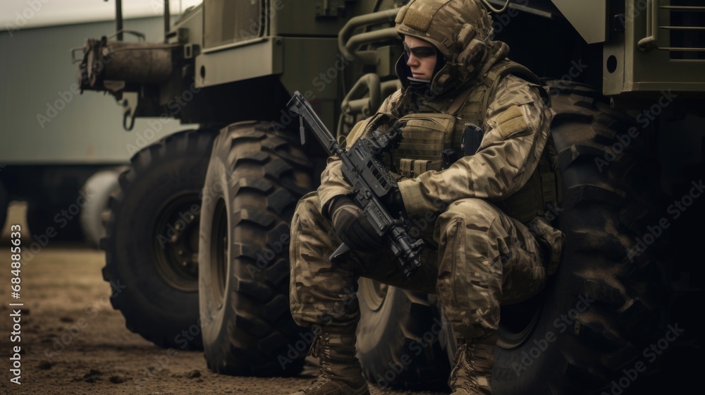 Soldier with machine gun sitting near big wheel of armored vehicle Soldier with machine gun sitting near big wheel of armored vehicle