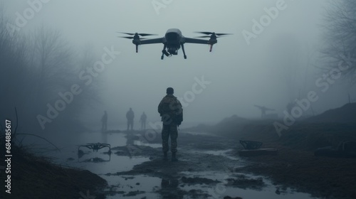Drone reconnaissance operator soldier in dark forest in fog