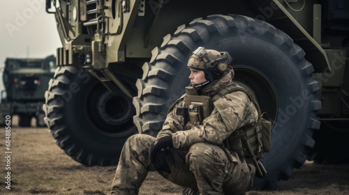 Soldier with machine gun sitting near big wheel of armored vehicle