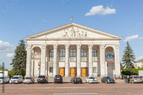 Exterior of Taras Shevchenko Chernihiv Regional Academic Music and Drama Theatre in Red Square in chernihiv