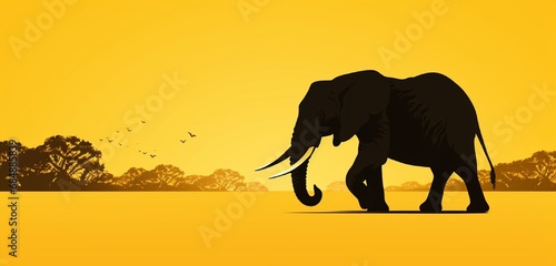 African elephant silhouette on solid yellow background with copy space.