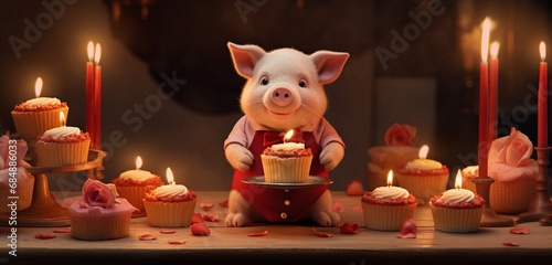 An adorable pig wearing a red suit, standing on a beautifully decorated Valentine's Day cake with cupcakes and candles around.