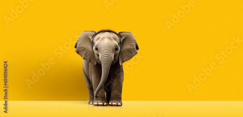 Baby Asian elephant on solid yellow background with copy space.