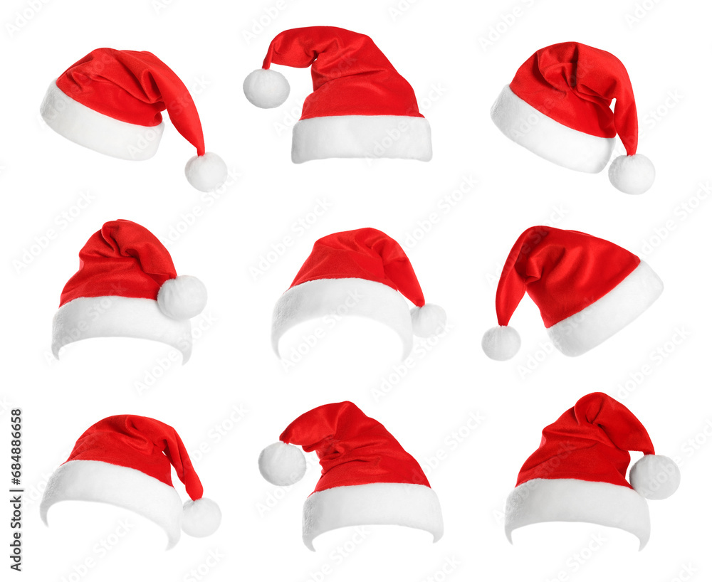 Red Santa Claus hat isolated on white, set Red Santa Claus hat isolated on white, set