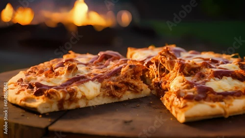 Closeup of a hearty BBQ chicken beachside pizza, with a tangy BBQ sauce base, tender chunks of chicken, caramelized onions, and thick slices of smoked gouda cheese. photo