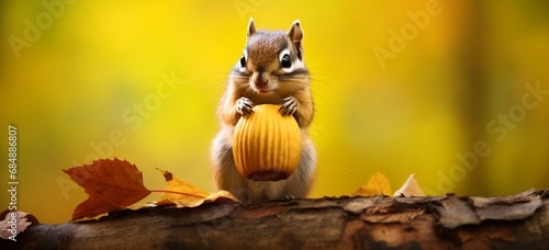 Chipmunk sticking its tongue out while balancing an acorn on yellow.