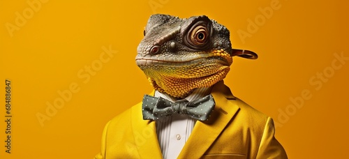 Clever chameleon wearing a yellow bowtie and blending into a yellow background on yellow.