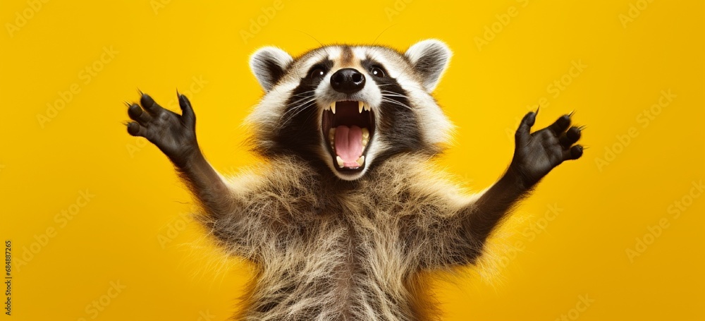 Excited raccoon with a big smile and arms raised in celebration on yellow. - obrazy, fototapety, plakaty 