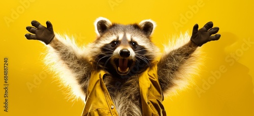 Excited raccoon with a big smile and arms raised in celebration on yellow. photo