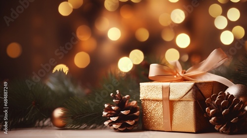Gift boxes and pine cones and branches on bokeh background © tigerheart