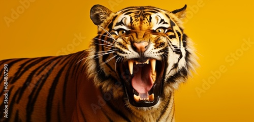 Fierce tiger on a solid yellow background with copy space.