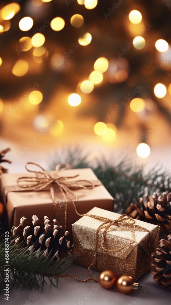 Gift boxes and pine cones and branches on bokeh background