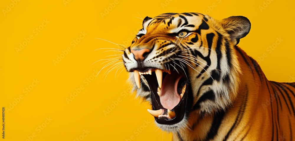 Obraz premium Fierce tiger on a solid yellow background with copy space.