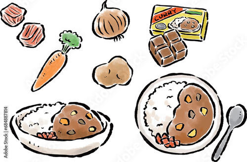カレー　上から・横から・材料　手描きイラスト