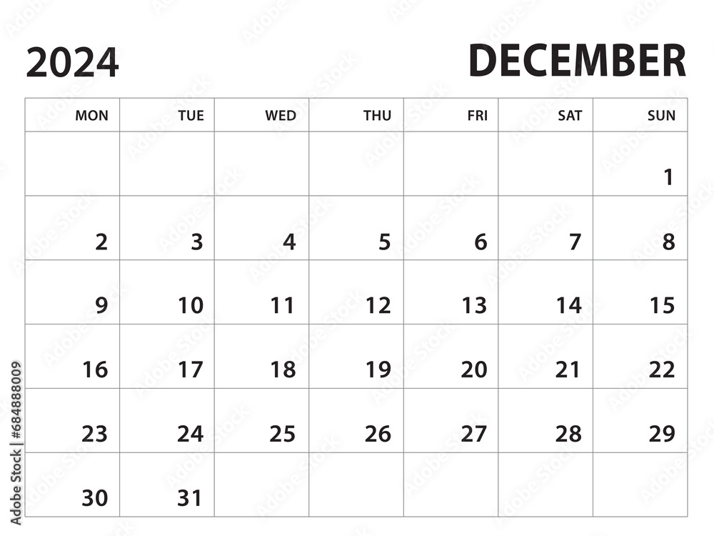 Calendar 2024 template - December 2024 vector on white background, week start on monday, Desk calendar 2024 year, Wall calendar design, corporate planner template, clean style, horizontal template Calendar 2024 template - December 2024 vector on white background, week start on monday, Desk calendar 2024 year, Wall calendar design, corporate planner template, clean style, horizontal template