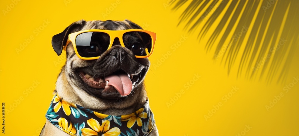 Laughing pug wearing sunglasses and a Hawaiian shirt on yellow. Laughing pug wearing sunglasses and a Hawaiian shirt on yellow.