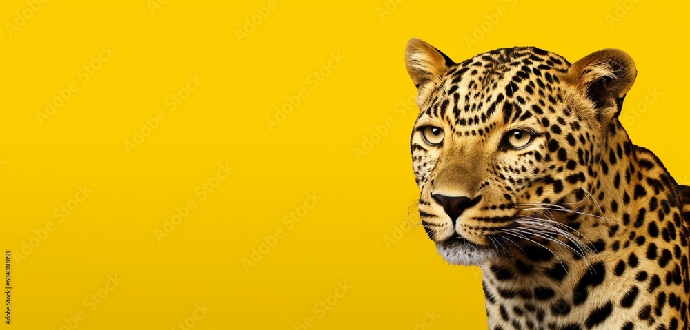 Leopard on a solid yellow background with copy space.