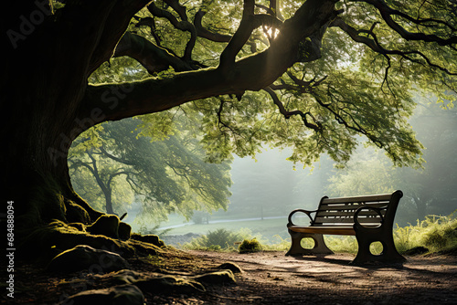 A park bench sitting under a large tree
