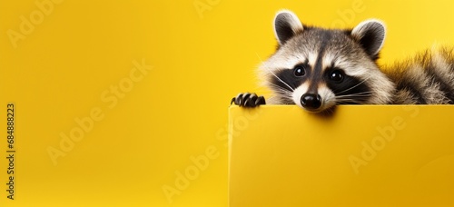 Mischievous raccoon peeking out from behind a yellow gift box with a playful grin on yellow. photo