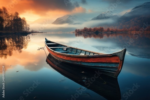 Boat Floating on Tranquil Lake Under Cloudy Sky Generative AI