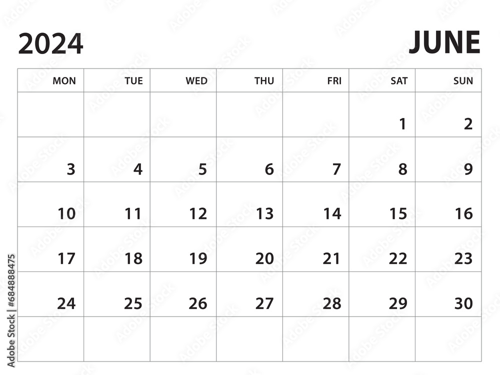 Calendar 2024 template - June 2024 vector on white background, week start on monday, Desk calendar 2024 year, Wall calendar design, corporate planner template, clean style, horizontal template Calendar 2024 template - June 2024 vector on white background, week start on monday, Desk calendar 2024 year, Wall calendar design, corporate planner template, clean style, horizontal template