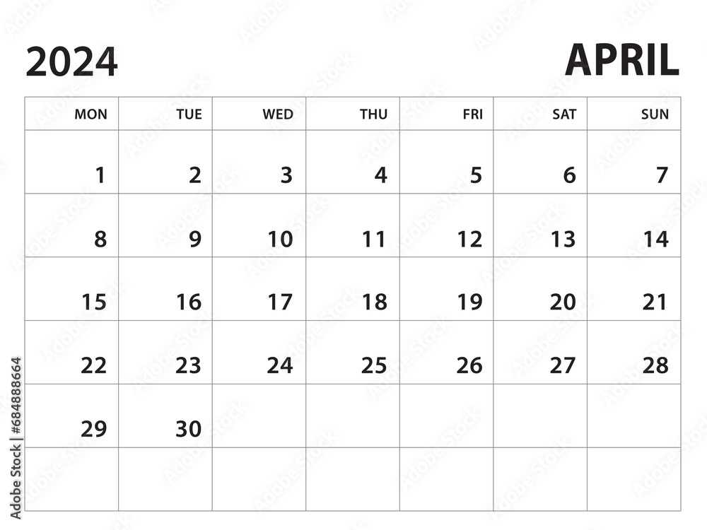 Calendar 2024 template - April 2024 vector on white background, week start on monday, Desk calendar 2024 year, Wall calendar design, corporate planner template, clean style, horizontal template Calendar 2024 template - April 2024 vector on white background, week start on monday, Desk calendar 2024 year, Wall calendar design, corporate planner template, clean style, horizontal template