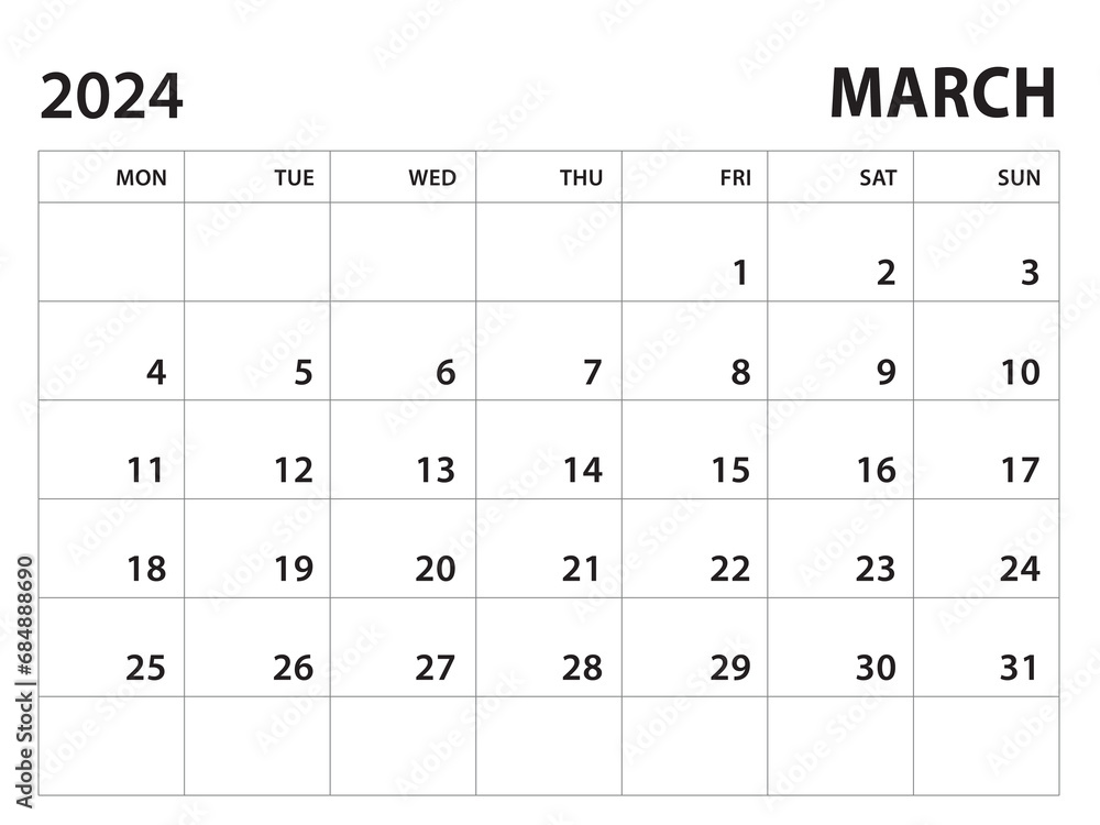 Calendar 2024 template - March 2024 vector on white background, week start on monday, Desk calendar 2024 year, Wall calendar design, corporate planner template, clean style, horizontal template Calendar 2024 template - March 2024 vector on white background, week start on monday, Desk calendar 2024 year, Wall calendar design, corporate planner template, clean style, horizontal template