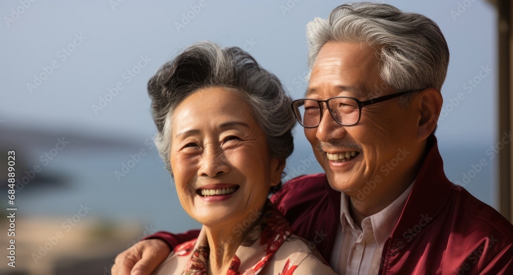 Elderly Asian Couple Smiling for the Camera on a Beach Vacation Generative AI Elderly Asian Couple Smiling for the Camera on a Beach Vacation Generative AI
