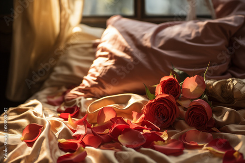 Petals on the Bed for Valentine's Day, Passionate Moments, Rose Petals Scattered on Bed, Setting the Stage for Love in a Beautiful Photograph