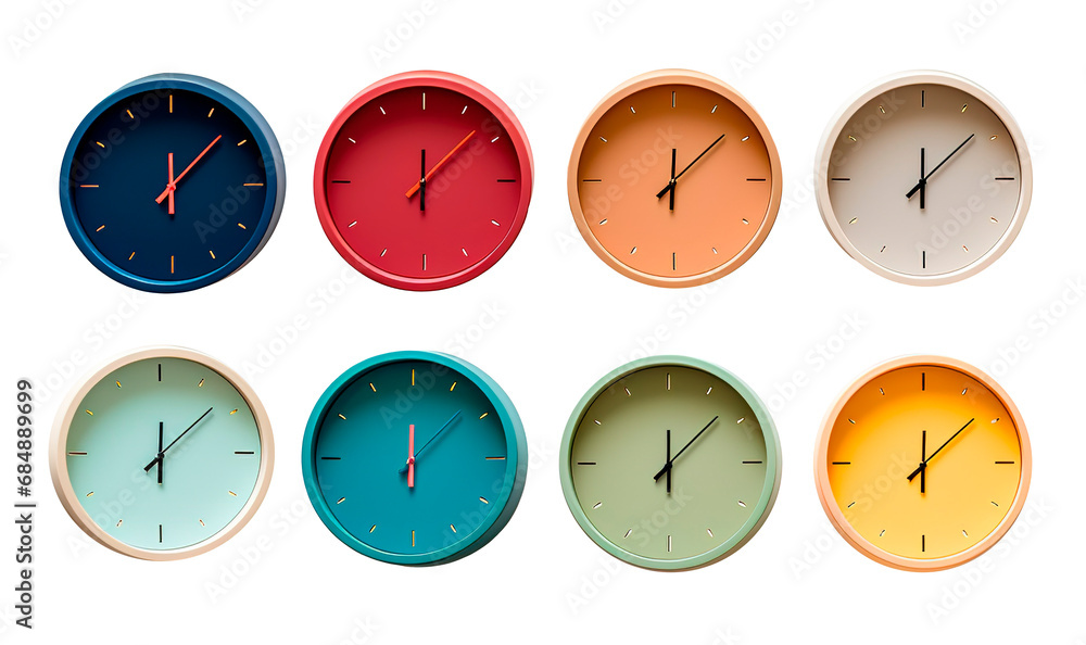 Collage set of colorful wall clocks over isolated transparent background Collage set of colorful wall clocks over isolated transparent background