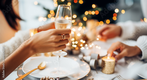 Women clinking glasses of tasty champagne at Christmas or New year party. Christmas dinner. Group of friends celebrating with champagne. 