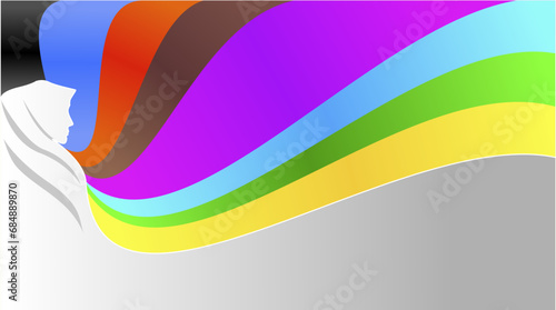 Illustration of a Muslim woman wearing a hijab with a multi-colored background