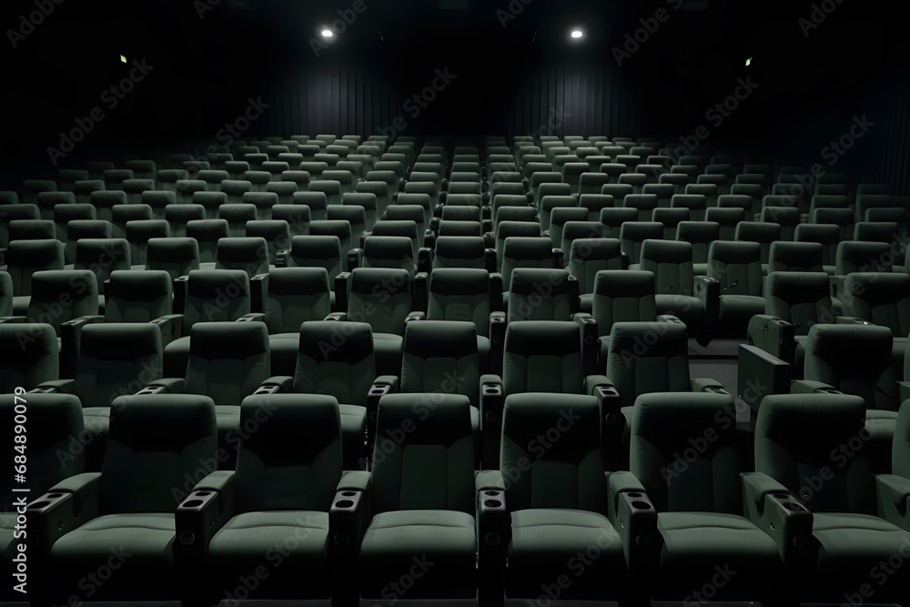 Fototapeta premium Empty cinema hall with red seats. Movie theatre. Neural network AI generated art