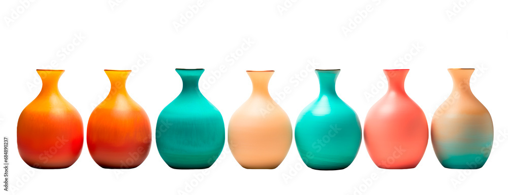 Many ceramic vases in different colors over isolated transparent background Many ceramic vases in different colors over isolated transparent background