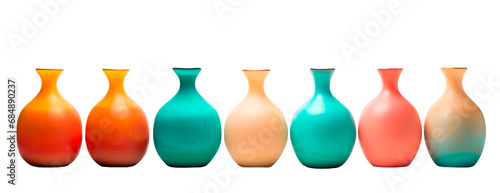 Many ceramic vases in different colors over isolated transparent background