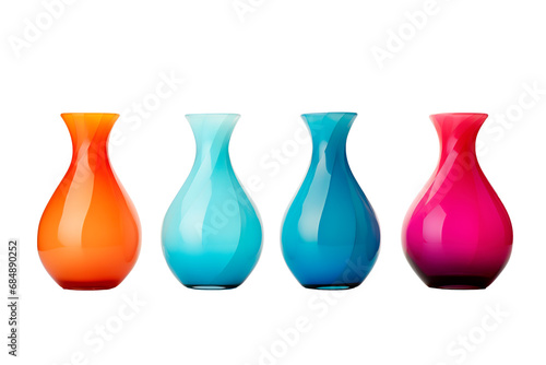 Four glass vases in vibrant colors on white transparent background
