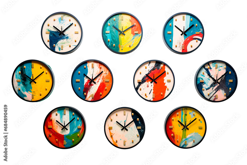 Wall clocks with modern abstract art design on isolated transparent background Wall clocks with modern abstract art design on isolated transparent background
