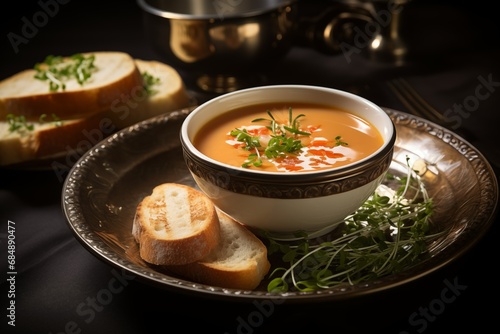 A lobster bisque soup served in a delicate bowl, garnished with a drizzle of sherry and chives, accompanied by bread photo