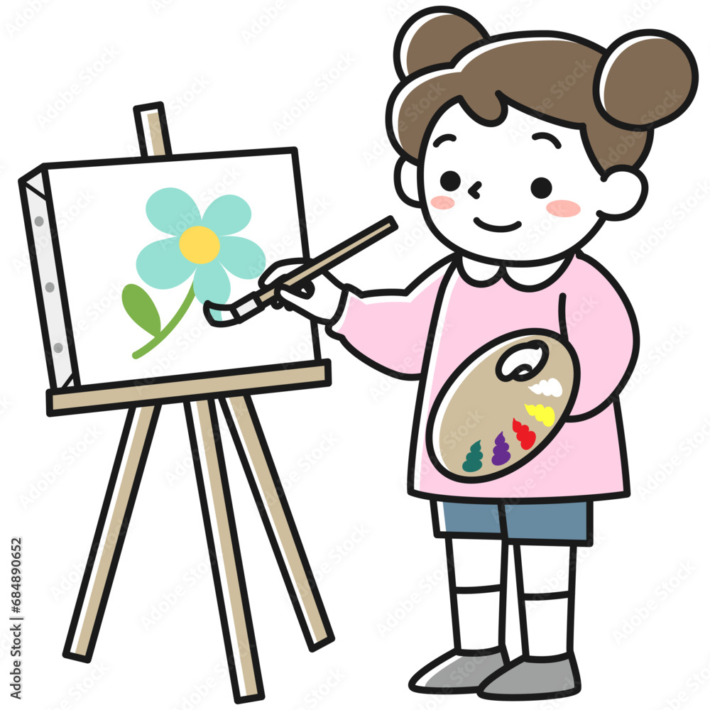絵筆を持って絵を描く女の子 絵筆を持って絵を描く女の子
