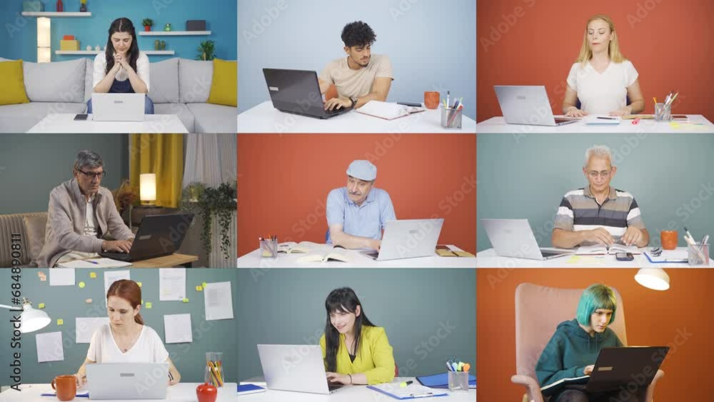 Multiscreen video of Concentrated people working on laptop. Multiscreen video of Concentrated people working on laptop.