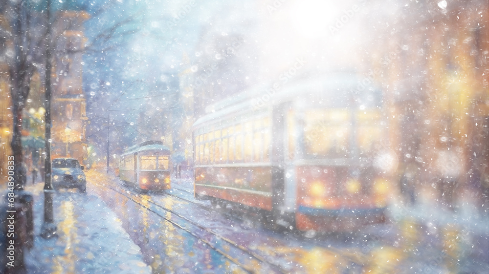 snowfall christmas greeting card, abstract blurred background city on christmas eve vintage view tram and old street decorated with lights