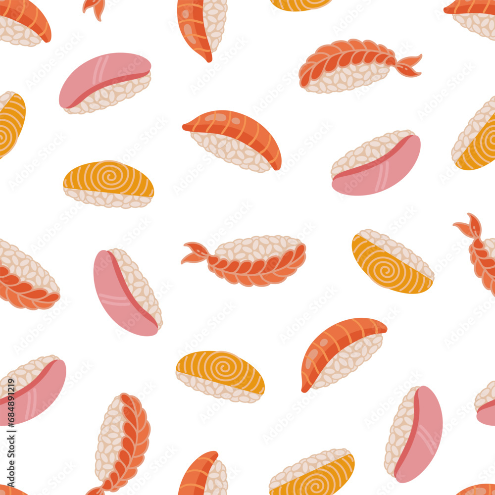 Nigiri seamless vector pattern. Fresh Japanese sushi with rice, salmon, tuna, shrimp, tamago omelette. Traditional Asian fish rolls, raw seafood appetizer. Flat cartoon background for menu, print, web Nigiri seamless vector pattern. Fresh Japanese sushi with rice, salmon, tuna, shrimp, tamago omelette. Traditional Asian fish rolls, raw seafood appetizer. Flat cartoon background for menu, print, web